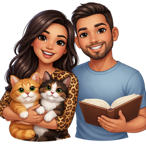 Girl with dark hair and medium skin wearing cheetah print shirt holding two cats, one ginger and one calico with husband Latino man with short beard and book