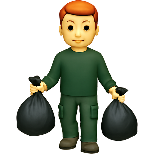 Create redhead man wearing dark green long sleeved shirt and dark green cargo pants holding trash bags