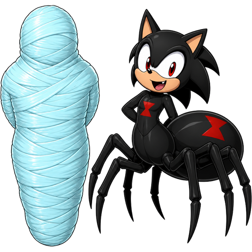 wrapped up and mummified fully covered in a #B8FFFF spider slik cocoon shaped like brother arms behind back with #B8FFFF spider slik wrappings completely covered with thick layers non-transparent #B8FFFF spider slik wrappings next to a happy male black widow spider cat drider hybrid sonic x version