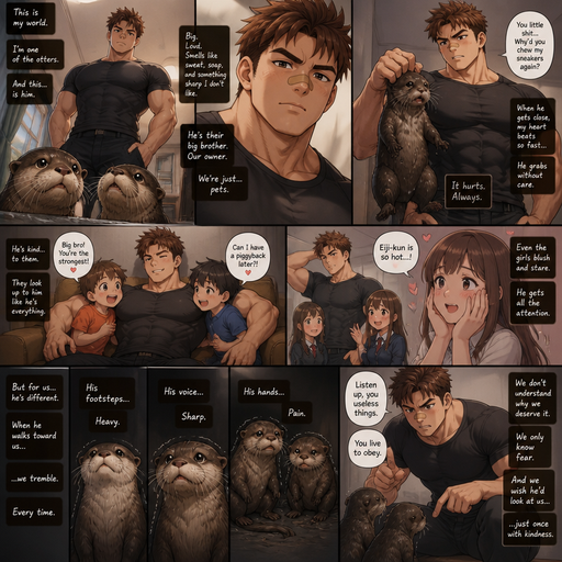 A DETAILED AND LIFELIKE ANIME Comic Book story and shows better and bigger pictures about when it’s about the otters view of a Bulky but Muscular ANIME Cute Bara Big and Buff Big brother and Hunky and Hot and makes girls hearts flutter With Peach toned skin Who looks Normal aind round facial Structure and Basic facial structure With Puffy and Big Pecs that are visible through the shirt and Biceps and Bandaid on his nose and Brown short hair that makes them look, attractive and hot and Strait hair. Wearing normal With his pets Grown and healthy 2 otter and 2 little brothers that are in different ages but young. The otters get mistreated a lot from him. And the otters tremble when he walks to them. And he doesn’t care.