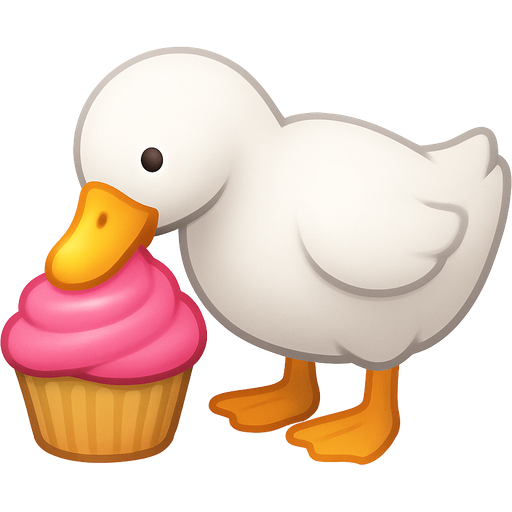 a cupcake with pink frosting on top with a white duck with light orange beak and flippers bent over eating it