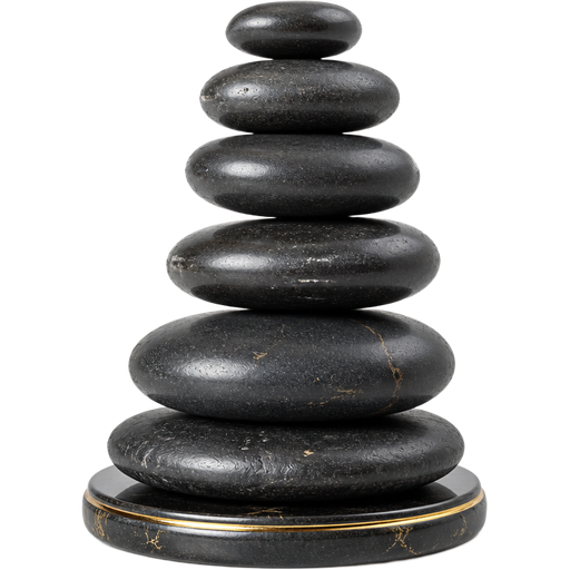 Ultra-realistic hot stone stack, premium spa aesthetic, smooth rounded basalt stones in varying sizes stacked in a perfectly balanced vertical arrangement, deep charcoal to soft black tones with subtle natural variation, slightly damp surface with a gentle sheen, delicate hints of warmth suggested through soft highlights, minimal metallic gold accent detailing subtly integrated at the base, refined and serene composition, pristine and untouched appearance, high-end luxury finish, soft natural highlights, sharp focus, studio-quality lighting, hyper-detailed textures