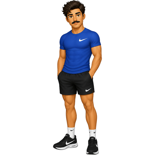 Can yoi make a tall boy with a black mustac and black brown hair with hazel eyes and a black shorts with a blue Nike shirt and Nike shoes and really hot