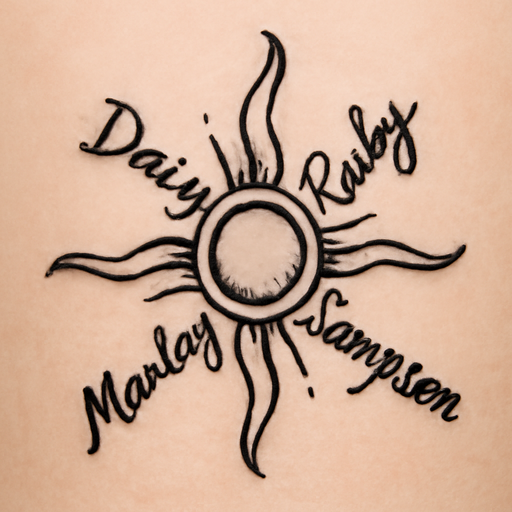 A sun with instead of the rays it’s the word daisy for one of the rays the word ruby for another one and the word Sampson for another one and the word Marley for one