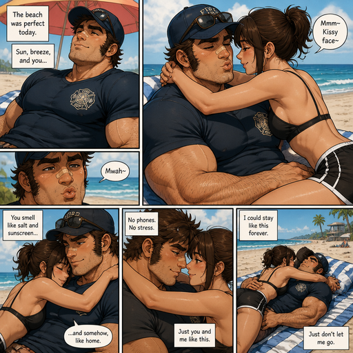 A REALISTIC AND LIFELIKE Comic Book long Story of a Bulky but Muscular ANIME Cute Bara Man With Peach toned skin Who looks Normal and a huge and Masculine round facial Structure and Basic facial structure With Puffy and Big Pecs that are visible through the shirt and Biceps and Bandaid on his nose and Brown Spiky hair and His Hair Curls At the tip of strands. Wearing a Fireman athletic shirt but no gear and short shorts with A Hat with glasses and has a Hairy body and looks very manly like a Dad but isn‘t one. and Attractive and Hot. And he makes Kissy faces At her and she lays on him and puts her arms around his neck and he Likes it at the Beach and They Cuddle close and There faces are close too.