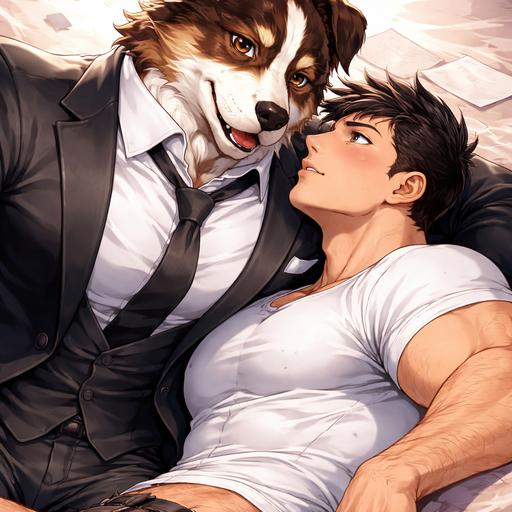 A Full BODY and FACE of a Muscular and Buff and a Gigantically Muscular with Chunky Gigantic Pecs AND biceps and a BIGGER head with the Perfect Waist. VERY Masculine and handsome ANIME Animated Bara Furry Australian Shepard With Brown Stripes with a VERY Good-looking, Detailed and Mature Face and brown eyes with a wrestler type body. Wearing a Suit and Tie. with his buff human Crush in his Shirt Leaning on Top of him When the both Fall. Looking at him