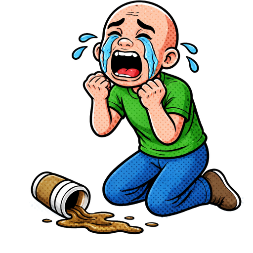 A bald guy kneeling on the ground, crying. There is a spilled cup of take-away coffee on the ground infront of him