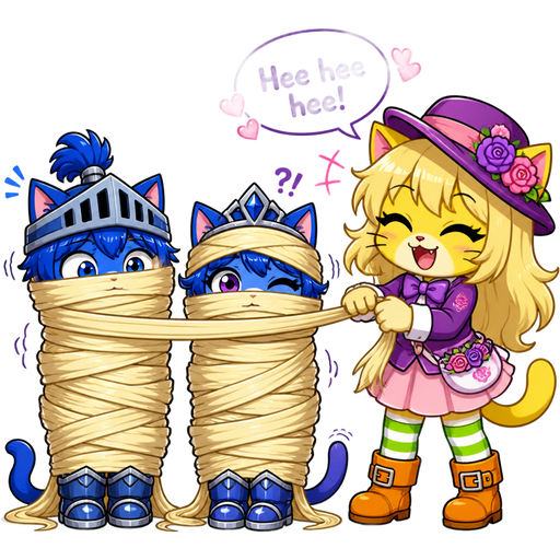 blue knight boy cat furry and blue knight girl furry getting quickly wrapped up mummified by furry yellow cat anthro with purple eyes light blonde hair purple and pink florist hat and purple florist outfit green and white socks orange boots with buckles light pink skirt with light blonde hair 2 light blonde hair mummies shaped like blue knight boy cat furry blue knight girl cat furry completely covered with light blonde hair mummy then furry yellow cat anthro with purple eyes light blonde hair purple and pink florist hat and purple florist outfit green and white socks orange boots with buckles light pink skirt lets out an adorable giggling cartoon comic version