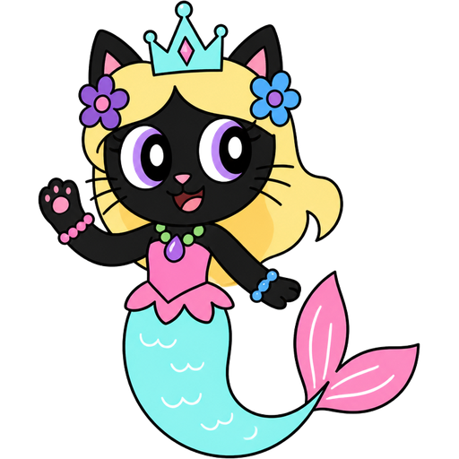 black cat with light yellow hair purple and blue flowers light cyan crown purple and green necklace pink and blue bracelets pink dress attached to long light cyan mermaid tail with white highlights with pink tail fins with white highlights in cartoon network styles 1 mighty magiswords 2 adventure time 3 unikitty! 4 powerpuff girls 5 we bare bears 6 hi hi puffy amiyumi 7 robotboy