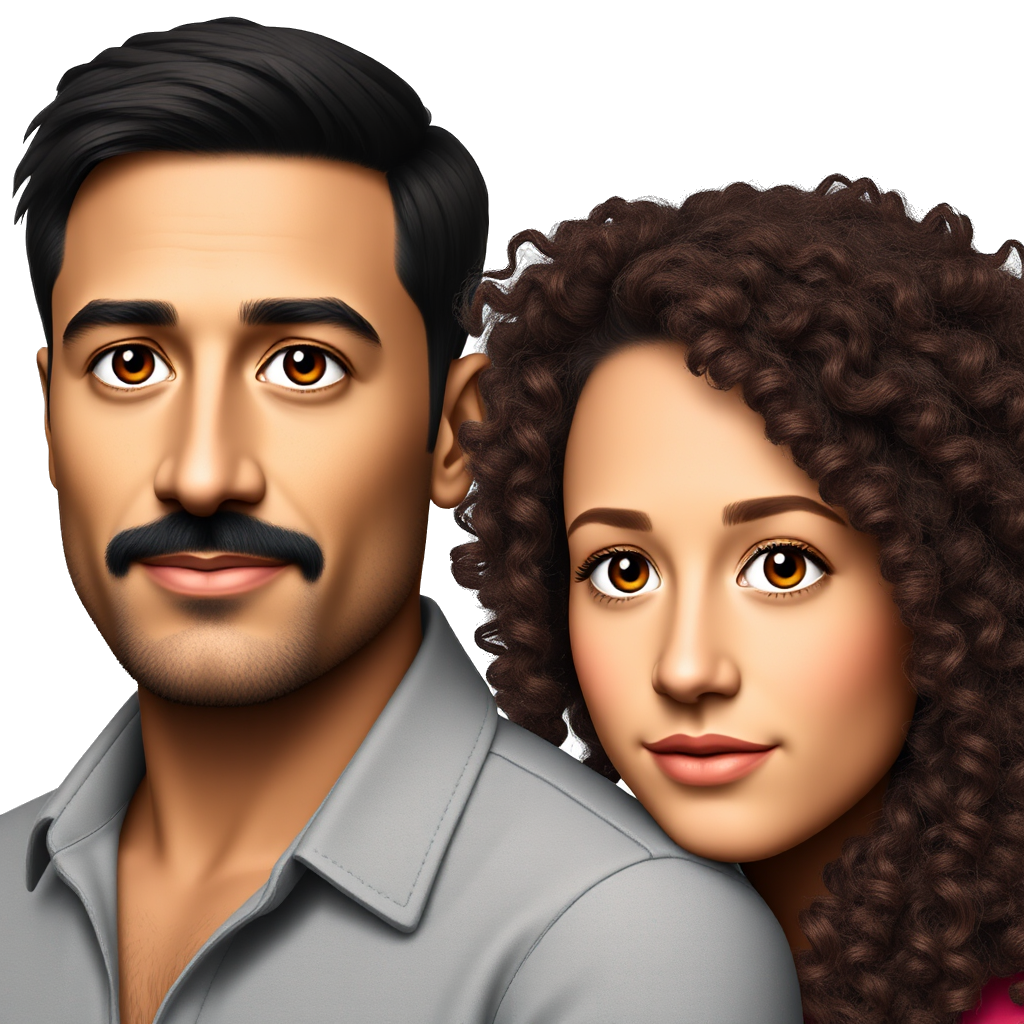 Arab guy who is caramel tan with dark brown hair dark brown eyes and a facial hair mustache and goatee combo that is dark brown, and then a curly hair long hair girl who is Italian and tan with amber eyes