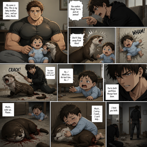 A DETAILED AND LIFELIKE LONG ANIME Comic Book story view of a Bulky but Muscular ANIME Cute Bara Man With Peach toned skin Who looks Normal aind round facial Structure and Basic facial structure With Puffy and Big Pecs that are visible through the shirt and Biceps and Bandaid on his nose and Brown short hair that makes them look tough. Wearing normal With his pet Grown and healthy realistic otter. And had a brother infant baby And the otter sticks up fr the baby but the baby knows he‘s not enough and then flies to the wall from him and lays there and the otter looses his tail In discipline for defending him. And the baby watches everyhting crying and trying to help but is to weak and the Brother hated them both the whole time and the otter didn’t wake up and the baby huged the otter and the baby can‘t speak the good English