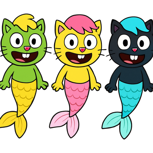 Male green cat happy with yellow hair with long yellow and white mermaid tail with light yellow fins Male yellow cat happy with pink hair with long pink and white mermaid tail with light pink fins Male black cat happy with cyan hair with long cyan and white mermaid tail with light cyan fins happy tree friends style artistic creation, beautiful art
