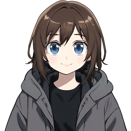 A brunette girl with blue eyes wearing a black jacket over a black shirt and a large gray jacket over that.