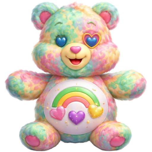 Good Vibes Care Bear with a Seafoam Green, Pink, and Yellow Intense Volcanic Lava Lamp Effect Mixed Pattern Fur with a Pink Heart and Yellow outline the Left eye and a Yellow Bear with Blue Heart eyes and Mouth and Pink on the inside of the ears and a Green, Orange, and Pink 3- Part Rainbow underneath it going upwards with Pink, Purple and Yellow Hearts Surrounding it on the Stomach and a Pink Heart Nose