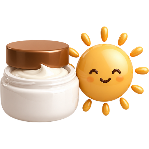 A cute glossy 3D emoji icon of a white skincare cream jar with a warm brown lid, next to a smiling golden morning sun. Clean minimal aesthetic, white and brown color palette, soft shadows, rounded shapes, elegant and cozy design, centered composition, transparent background, no text, no people.
