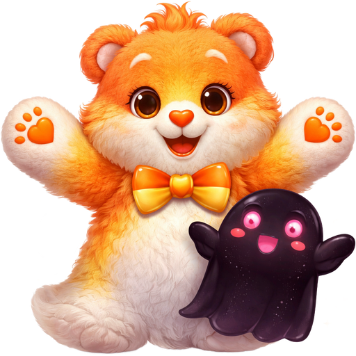Ghosty Heart Care Bear with Orange, Yellow and White Ombré Pattern Fur with a Candy Corn-Shaped Bow Tie a Black Ghost with the Mouth and Eyes being Pink and Black Ears with a Smiling Dark Purple Heart next to it and Orange, Yellow and Maroon Purple Stars Surrounding it the Ghost’s Arms are going Outward in a Thrilled Expression with Orange tufts of Hair and a Orange Heart Nose with Orange Hearts on the Paws