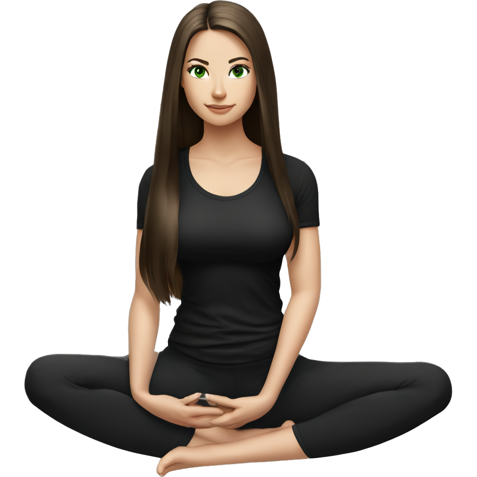 Beautiful white girl with perfect dark brown long straight amazing hair and green eyes sitting in yoga pose with black outfit (short sleeve top)