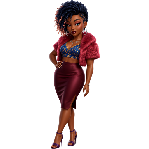 Peach Trifle with a Dark-Deep Neutral Nutmeg Skin Tone and a Uni-Lip Shape and a Staggered Eyelash Style Look with a Dark Red Matte Lipstick and a Soft Red Red Eyeshadow with an Arched Eyebrow and a Monolid Eye Shape and a Triangular Face Shape with a Dark Blue Afro-Textured Puffy Curly Side-Parted Mohawk with the Sides of her Hair Braided and Peach Highlighted Streaks in the Front Tips of her Hair With Teal Eyes and Sterling Silver Hoop Earrings Wearing a Blue Crinkle Fabric Designed Crop Top with Printed Pattern of Yellow Confetti Shaped Pieces Surrounded it and a V-Neck Lining also Wearing a Reddish Pink Short Sleeve Faux Fur Coat With a Burgundy Pencil Skirt and Purple Strapped Heels Wearing a Sterling Silver Triangular Shapes going Throughout the Necklace and a Luminous Glazed Complexion with a 3D Naturalistic Animation and a Mature Adult Curvy Toned Build with a Luxury Glossy and a Refined Pristine Set Up with a Theatrical Appearance