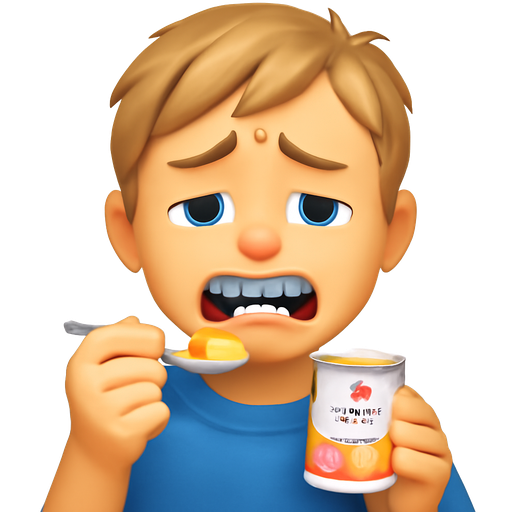Teenage boy with braces, painful mouth, white skin, blue eyes, dirty blond hair, eating yoplait orange crème yogurt
