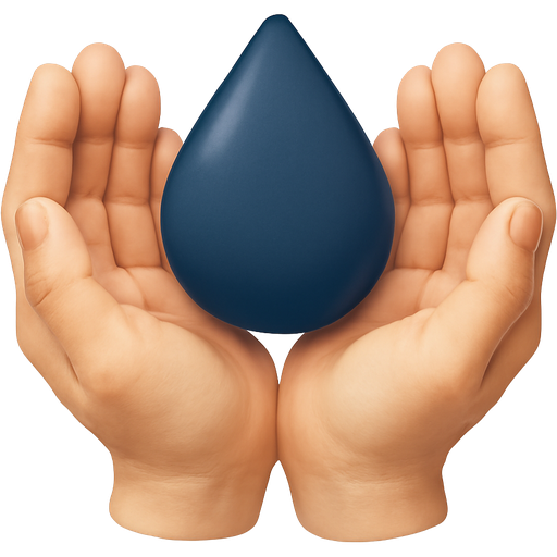 Open, cupped hands in a soft beige color, gently holding a dark blue teardrop or abstract shape. The composition is neutral and non-judgmental. White background. Represents acceptance and holding space for emotions.