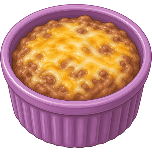 ghibli style | color #A865B5 ceramic ramekin | cheesy refried beans inside ramekin | view: high-angle + front center + close-up