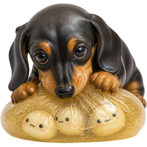 Acute dachshund squishing a jelly squish Nido with a golden glitter dumpling with mini dumplings inside, but try to make it look really realistic