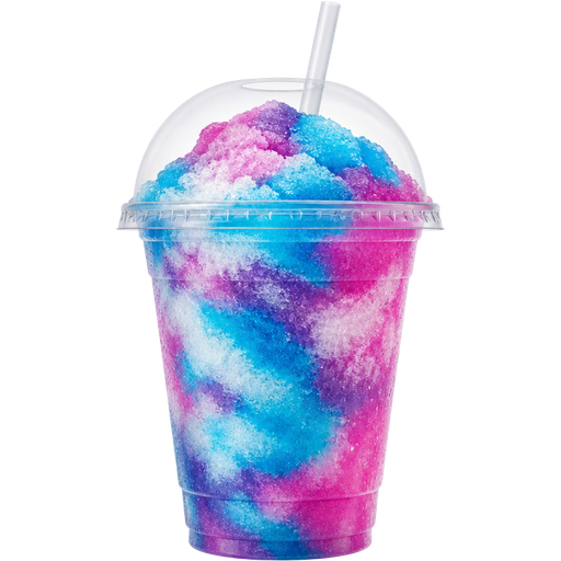 Tropical Paradise Shaved Ice Slushie in a Plastic Cup and Plastic Dome Lid with a Straw Mixed in with Extra Syrup and it’s Mixed in with Turquoise Blue, White, Purple and Pink
