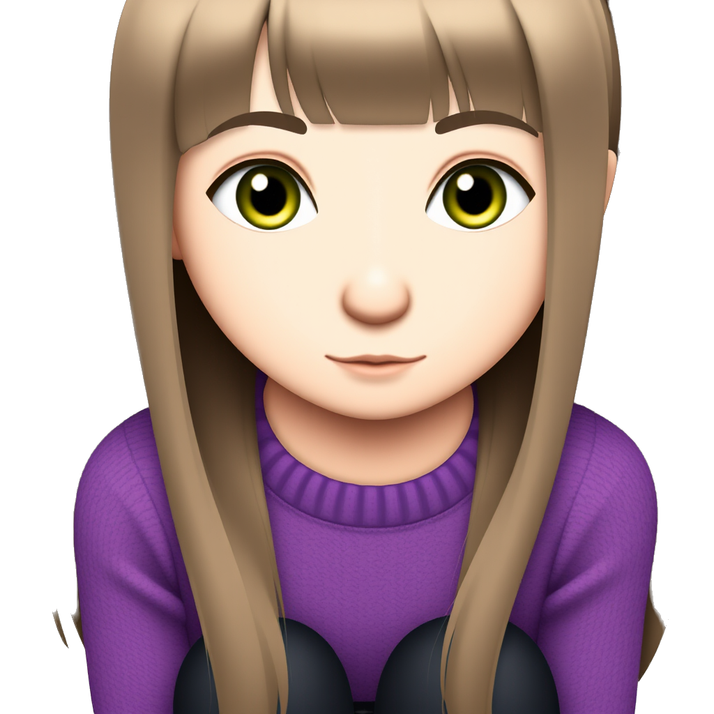 A 14 year old girl with long straight hair and curtain bangs with medium colored hair and greenish brown eyes and pale skin with a purple sweater and black leggings