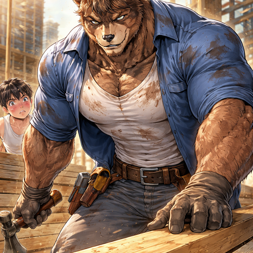 A Full BODY and FACE of a Muscular, Buff and a Gigantically Muscular with Chunky Gigantic Pecs AND biceps and a BIGGER head with the Perfect Waist. VERY Masculine and handsome ANIME Animated Bara Furry Grizzly Bear with a VERY Good-looking and Mature Face and brown eyes with a wrestler type body and Hair on his chest. Wearing a Tight Button up Handyman Uniform and a Plain White shirt under it with a Hammer in His hand and Dirt on his Face and clothes sweating. Standing in a Construction sight looking down and working on a Plank of wood. With his Man human crush watching and Blushing