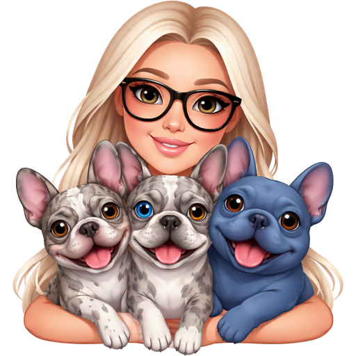 A ice blonde long haired girl with brown eyes black glasses holding three French bulldogs one skinny gray merle with tongue out brown eyes one gray merle with one blue eye one brown eye and one happy all blue chubby french bulldog with brown eyes