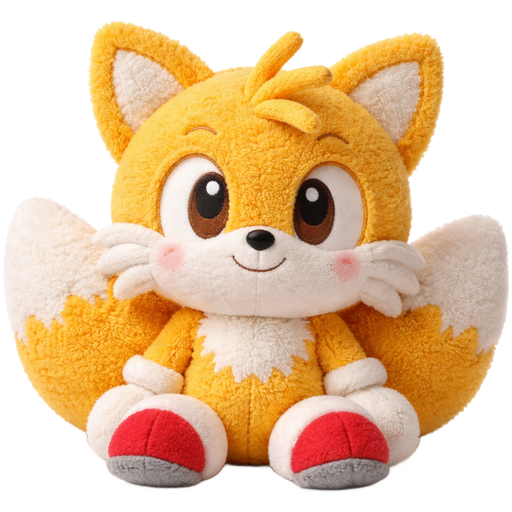 Emoji-style 3D render of a plush character inspired by Tails, stuffed animal plush look, soft fuzzy fabric texture, embroidered eyes, yellow-orange plush fur, two soft plush tails, rounded cuddly proportions, visible stitching seams, cozy plush aesthetic, clean white background, no plastic or vinyl materials.