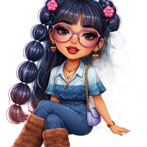 Everything Muffin With a Fair-Light Warm Golden Natural Skin Tone With a Wide Lip Shape with a Grey Eyeshadow and a Thick Eyebrow with a Hooded Eye Shape and a Oval Face Shape with a Dark Blue Bubble Braided Hairstyle including Bangs with the Scrunchies Being Pink Flowers and Pastel Blue Highlighted Streaks Throughout the Hair Wearing Purple Large Rounded Glasses with a Dark Red Lipstick Wearing a Dark Teal Dress with a Printed Pattern of Three Light Blue Stretched out Upside Down Triangles with a Short Sleeved Button Up Shirt With the Top Being Light Blue and The Bottom is Steel Blue and the Sleeves Have a Wavy Printed Pattern With the Waves Being Teal and the Surrounding Being Turquoise With Steel Blue Pants and Long Brown Plush Boots with a Luxury Glossy Setup