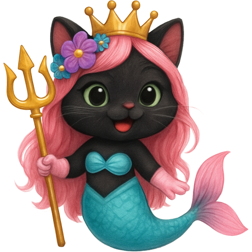 black cat smiling pink long hair golden crown purple and blue flowers green eyes light pink gloves very long cyan mermaid tail with pink fins swimsuit cyan holding a golden trident fan character emoji, expressive cute style