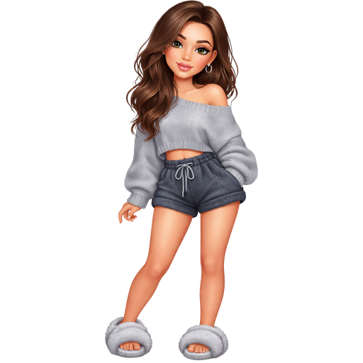 slouchy one-shoulder cropped sweater in cool grey knit, ultra-soft mini shorts in charcoal plush fabric, fuzzy slippers in light grey. warm brunette hair