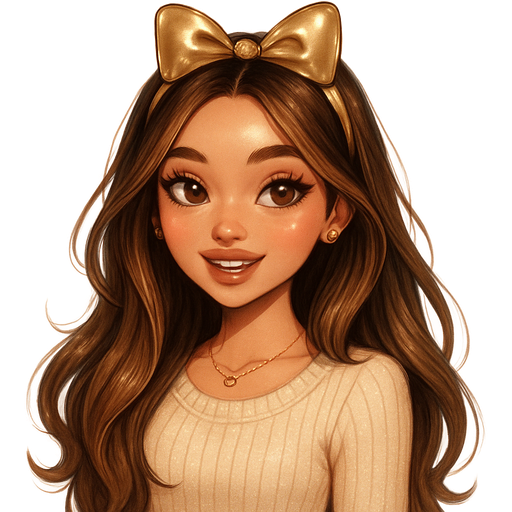 luxury glossy bratz-anime romantic aesthetic, warm cinematic glow, crisp clean detail, glossy glam skin. petite girl, warm soft-autumn tone, fair skin, honey-brown almond eyes, soft freckles, warm toasty glam makeup, glossy nude lips, flutter lashes, sweet Belle-princess vibe, very long brunette honey balayage hair with visible honey blonde highlights, face-framing layers, curved ends high shine, soft excited smile, twinkly eyes, cream knit mini dress, gold bow ears, gold dainty jewelry, warm sunkissed dewy cheeks romantic glow, rosy cheeks, pop-princess energy, shimmer highlight, sparkly glow