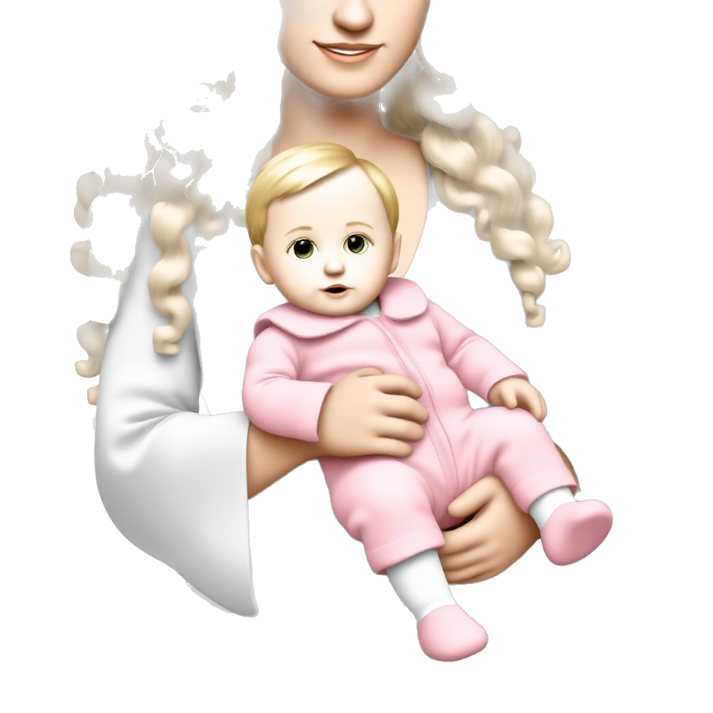 A mom tall blonde hair long curly with white and grey hospitail gown holding a baby girl with a pink jumpsuit with blonde hair and white socks and blue eyes