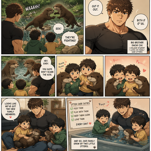 A DETAILED AND LIFELIKE ANIME Comic Book story view of a Bulky but Muscular ANIME Cute Bara Man With Peach toned skin Who looks Normal aind round facial Structure and Basic facial structure With Puffy and Big Pecs that are visible through the shirt and Biceps and Bandaid on his nose and Brown Fluffy and Strait hair. Wearing normal With his pet Grown and long and healthy otter and 2 little brothers that are in Late elementary grades. And they See there twin otter plays but the and the little brothers get scared, and the big brother says, cut it out to the otters. And the otters Cuddle the Little Brothers and they keep them as pets and take care of them.