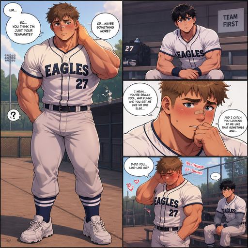 A Full Page Anime Comic Book Full Body view of a Bulky and Massive and but more Muscle ANIME CUTE Bara Teenager Who looks Normal and American with a Basic facial structure With PUFFY and BIG Pecs that are visible through the shirt and Biceps with a cut on his nose and Perfect Waist. Wearing a Baseball Jersey. Questioning his male crush while his crush watches him and blushing when he sees him