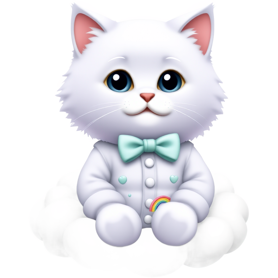 Pastel Dream Cat: A fluffy feline with soft lavender fur, oversized sky-blue eyes, and a delicate mint-green bowtie. It sits atop a fluffy cotton candy cloud, surrounded by tiny pastel stars and hearts, wearing a cute rainbow armchair patterned onesie. Sparkling softly as it purrs contentedly.
