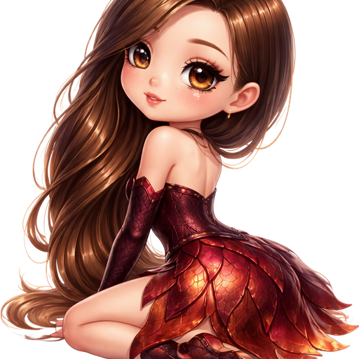 chibi girl: back view sitting looking over shoulder with hair completely swept over shoulder: semi-realistic soft cartoon luxury glam, mini plush Bratz-doll aesthetic, cinematic glow, crisp clean detail, glossy glam skin. brown eyed Petite 5ft girl, fair skin with soft freckles, wide face with tall forehead, honey-brown almond wide-set upturned eyes, fluttery lashes, shimmer highlight, plush lips, bottom heavy lip, sweet Belle-princess vibe, long straight brunette hair with visible caramel highlights, side-part hair all swept to the side over shoulder softly defined feminine body, full round bust, dressed in a crimson and black fitted top with scale-textured panels, high-waisted skirt with flame-shaped layering in red, copper, and ember orange, fantasy dragon-inspired costume. medium length hair, not too long. full body showing. Cozy romantic glow, soft warm lighting, pop-princess energy