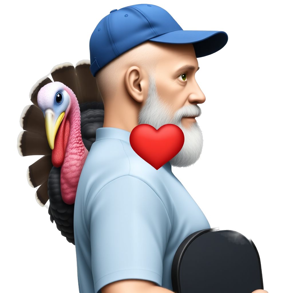A balding, green eyed pickleball player shown from the waist up. He has a short stubbly gray beard, wearing a blue ball cap, with a large turkey is peering over his shoulder, a valentine heart in the center of his chest, and a pickleball paddle in the other hand