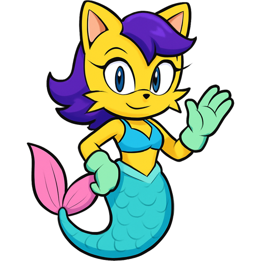 yellow cat anthro with purple hair cyan and white mermaid tail with pink fins light green gloves and swimsuit top blue sonic x style version artistic creation, beautiful art
