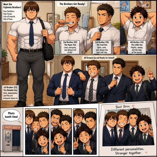 A Full Body Comic Book story view of a Bulky and hunky ANIME Cute Bara Man With Peach toned skin Who looks Normal and round facial Structure and Basic facial structure With Puffy and Big Pecs that are visible through the shirt and Biceps and Bandaid on his nose and Brown and Strait hair. Wearing normal clothes. And the comic introduces each of his 3 Cute brothers each with different personalities, who are hunky and beefy and each hunkier as they get older and and get ready for their school days and they all dress up and nice seats and times and take pictures in a Photo Booth altogether