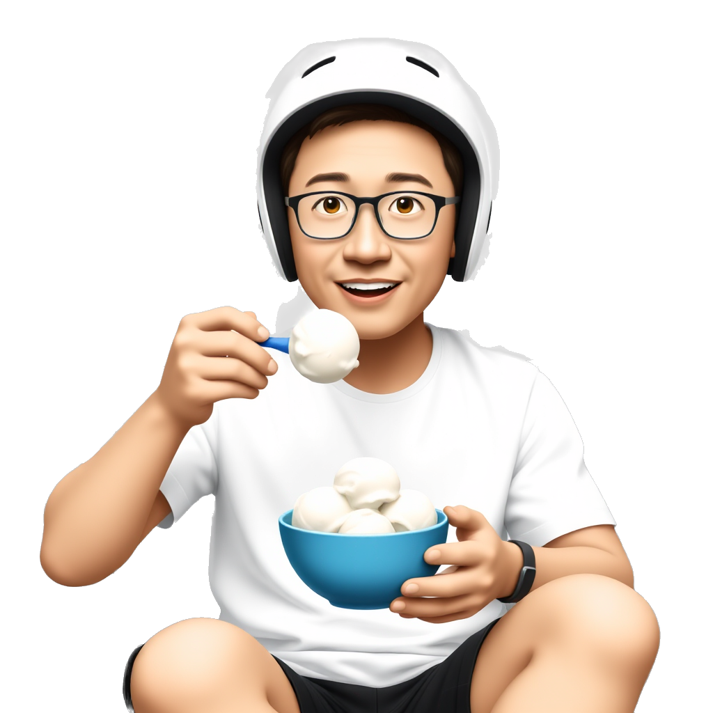 chinese guy with clear grey glasses, a white shirt, black shorts on sitting on a couch eating a blue bowl of ice cream with a white helmet