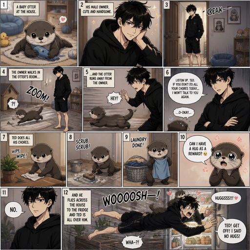 A comic book Picture by picture and shows impact of a A baby otter at the house and his male Cute and Handsome wearing a Black Hoodie and Shorts owner the owner. The owner walks in the otter’s room and the otter runs away from the owner. And the owner orders the otter to do all his chores or he won’t talk again. The otter does all the chores and the otter says can I have a hug as a reward but the owner declines and he flys across the house to the fridge and Ted is all over him