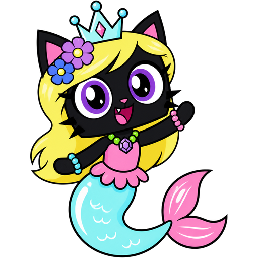black cat with light yellow hair purple and blue flowers light cyan crown purple and green necklace pink and blue bracelets pink dress attached to long light cyan mermaid tail with white highlights with pink tail fins with white highlights (cartoon network unikitty!)