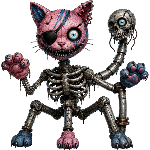 a creature with pink cat with blue markings head with eyepatch on a metal pipe a robotic skull with an eye on metal pipe tail with a ribcage with three robot legs with pink cat paw and blue cat paw on skeleton arm and blue cat paw on a metal pipe