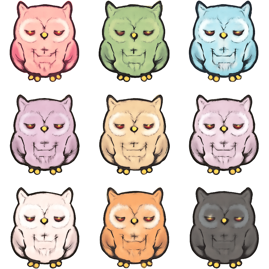 Nine owalas all different colors one all pink one all green one all blue one all purple one yellow one purple one white one orange one black