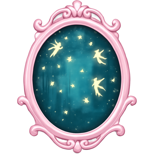 Mirror with light baby pink fancy frame long in the mirror an enchanted forest with many stars and fairies