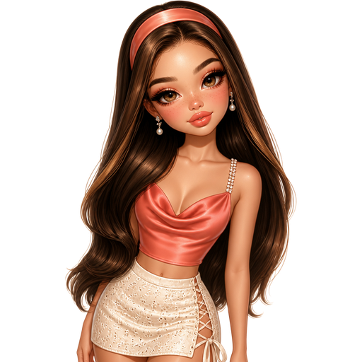 semi-realistic soft cartoon luxury glam, mini plush Bratz-doll aesthetic, cinematic glow, crisp clean detail, glossy glam skin. brown eyed Petite 5ft girl, fair skin with soft freckles, wide face with tall forehead, honey-brown almond wide-set upturned eyes, fluttery lashes, shimmer highlight, plush lips, bottom heavy lip, sweet Belle-princess vibe, long straight brunette hair with visible caramel highlights, wearing a coral satin cowl-neck crop top with a rhinestone strap, a fitted cream eyelet mini skirt with ribbon-laced side detail, pearl-drop earrings, hair in big soft waves with a thick headband, makeup with glossy coral lids, fluttery lashes, luminous peach highlighter, bright apricot blush, and a juicy coral gloss